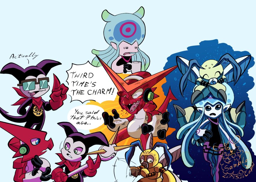 antennae bubble coffee digimon digimon_(creature) english_text floating funbeemon highres impmon jellymon letsseecapri meme microphone nerd_emoji shoutmon tentacle_hair tentacles wings