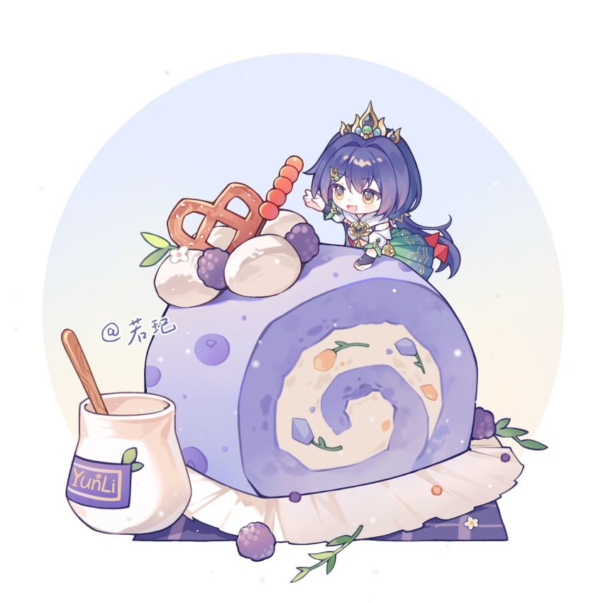 arm_up bra bridal_gauntlets character_name chibi chinese_clothes chinese_commentary dango detached_collar detached_sleeves food green_skirt grey_eyes grey_hair hair_between_eyes hair_ornament hairclip headpiece highres honkai:_star_rail honkai_(series) jar jewelry lofter_username long_hair looking_at_food low_twintails mini_person multicolored_background multicolored_eyes orange_eyes oversized_food oversized_object pendant ruo_qi short_sleeves skewer skirt sweets twintails underwear wagashi white_background yunli_(honkai:_star_rail)