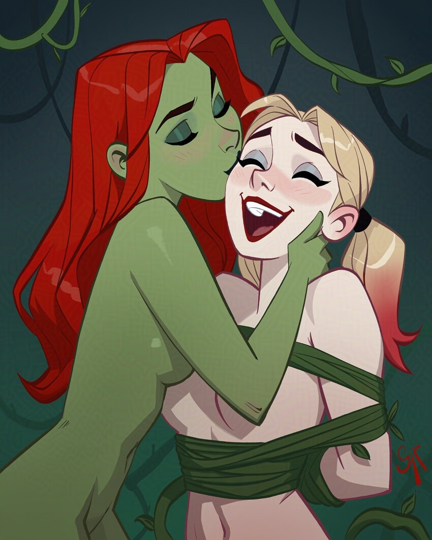 2girls adversarial_noise arms_behind_back artist_name bdsm blonde_hair blush bondage bound bound_arms breasts closed_eyes colored_skin commentary dc_comics english_commentary galmesh_rosewood green_background green_skin harley_quinn highres kiss long_hair making-of_available medium_breasts multicolored_hair multiple_girls navel nude open_mouth pale_skin plant poison_ivy raised_inner_eyebrows red_hair simple_background twintails vines yuri
