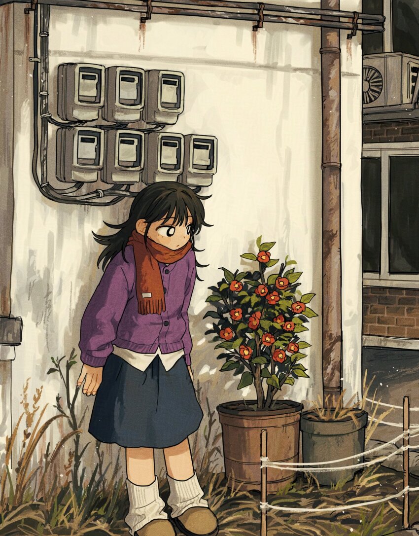 1girl black_hair bright_pupils brown_shoes building buttons cardigan condenser_unit flower flower_pot grass highres industrial_pipe long_hair loose_socks medium_skirt original outdoors plant potted_plant purple_cardigan red_flower red_scarf scarf shoes sihyun25 skirt socks solo standing white_pupils white_socks