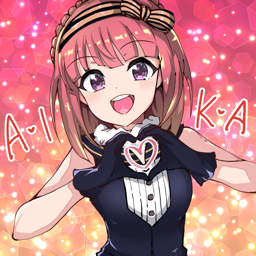 1girl aikawa_aika alice_gear_aegis black_gloves black_sailor_collar bob_cut breasts commentary_request gloves hairband heart heart_hands highres kuramari_(godbaan) medium_breasts medium_hair orange_hairband purple_eyes red_hair sailor_collar sailor_shirt shirt sleeveless sleeveless_shirt solo striped_clothes striped_hairband upper_body