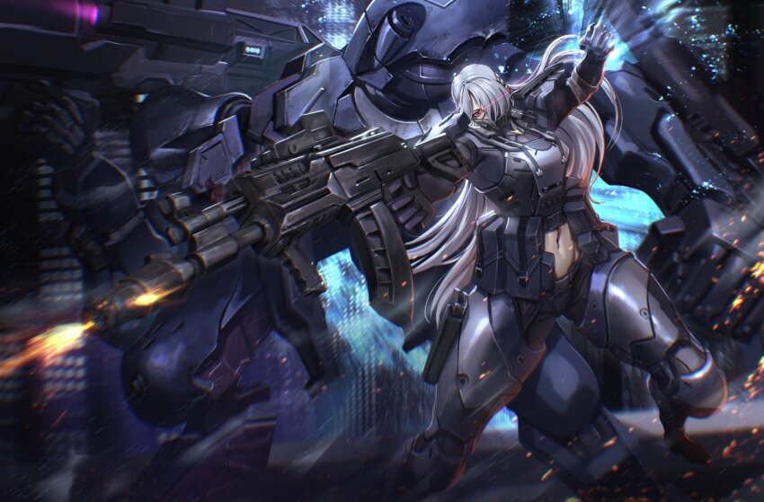 1girl ak-15 ak-15_(girls&#039;_frontline) assault_rifle clenched_hand commentary commission embers english_commentary exoskeleton firing girls&#039;_frontline girls&#039;_frontline_2:_exilium gun handgun highres holding holding_gun holding_weapon holstered kalashnikov_rifle leg_armor long_hair mask midriff mouth_mask muzzle_flash porukima pouch purple_eyes rifle solo thigh_pouch voymastina_(girls&#039;_frontline_2) weapon white_hair