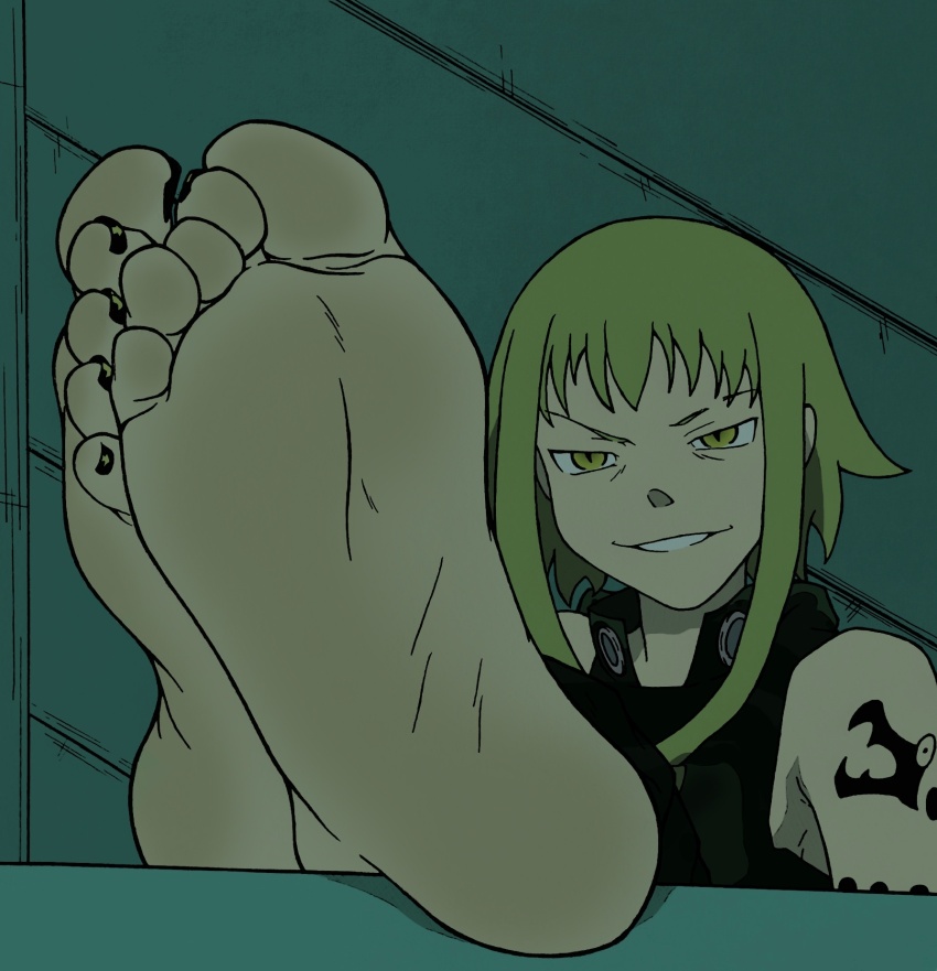 1girl arm_tattoo barefoot feet feet_up foot_focus green_eyes green_hair highres indoors legs_up medusa_gorgon murati2882_(artist) nail_polish short_hair sleeveless soles solo soul_eater tattoo toes