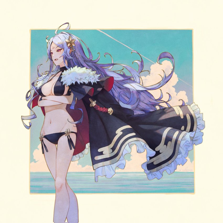 1girl ahoge bikini black_bikini black_gloves cape cloud crossed_arms facial_mark fate/grand_order fate_(series) flower forehead_mark fur-trimmed_cape fur_trim gloves hair_flower hair_ornament highres long_hair navel ocean pink_eyes purple_hair shinkami_hiroki swimsuit wu_zetian_(fate) wu_zetian_(swimsuit_caster)_(fate) wu_zetian_(swimsuit_caster)_(third_ascension)_(fate)