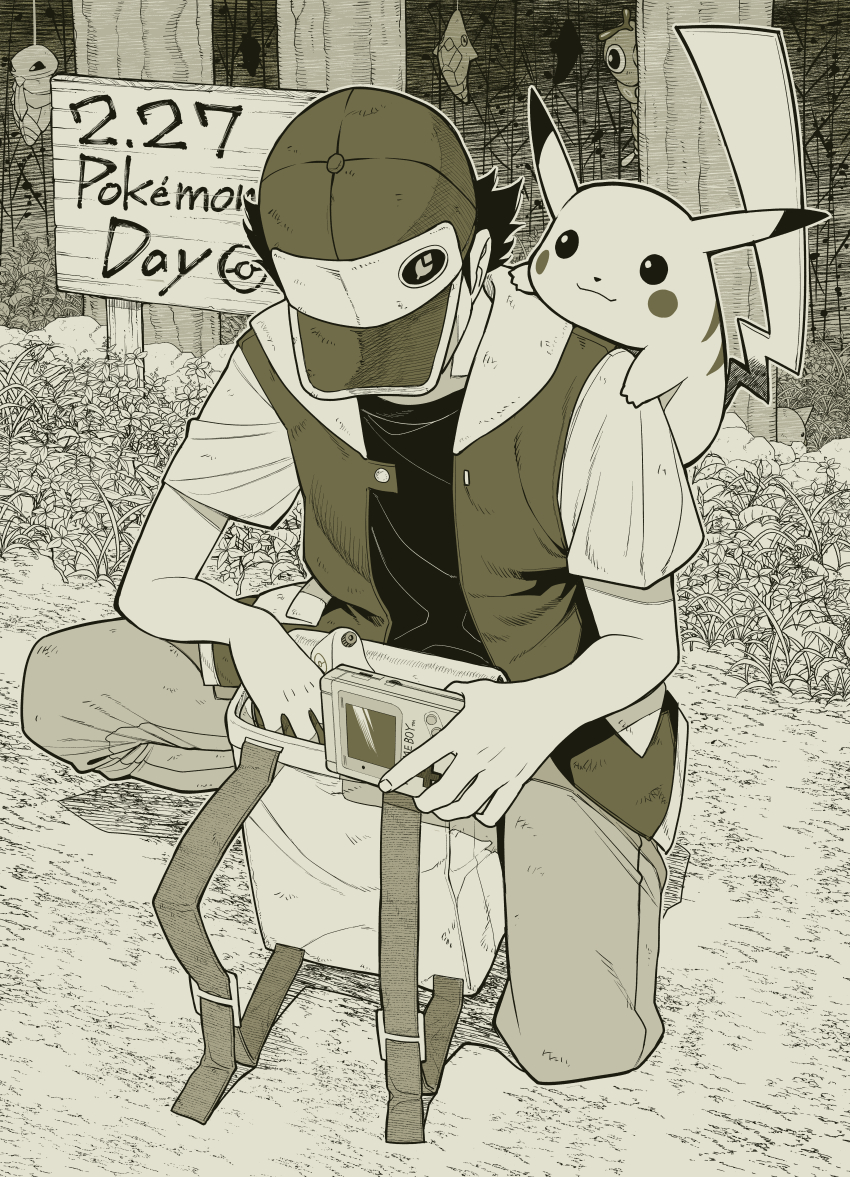 1boy absurdres animal animal_on_shoulder backpack bag baseball_cap black_hair caterpie covered_face english_text game_boy gen_1_pokemon grass greyscale handheld_game_console hat highres holding jacket kakuna kanazawa_shinnosuke metapod monochrome multiple_boys nintendo on_one_knee outdoors pants pikachu pokemon pokemon_(creature) pokemon_rgby red_(pokemon) short_hair short_sleeves sign squirtle tree