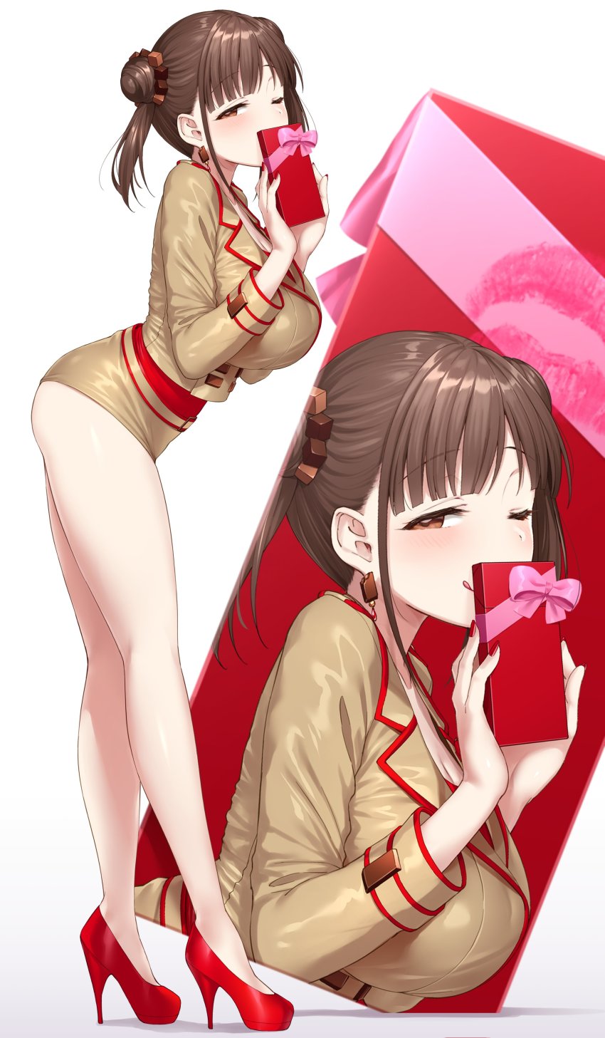 1girl absurdres bare_legs beige_jacket beige_shorts breasts brown_hair chocolate_hair_ornament collage commentary_request double_bun earrings food-themed_hair_ornament from_side full_body gift hair_bun high_heels highres idolmaster idolmaster_shiny_colors jewelry large_breasts licking_lips looking_at_viewer one_eye_closed red_eyes satou_kuuki short_shorts short_twintails shorts solo sonoda_chiyoko thighs tongue tongue_out twintails