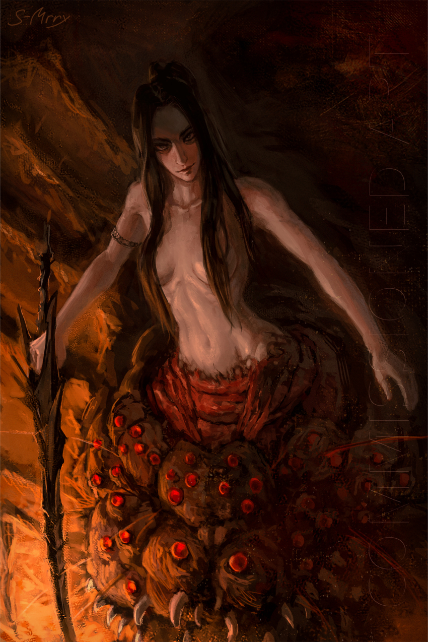 1girl arthropod_girl black_hair bloodexer breasts bug chaos_witch_quelaag closed_mouth commentary commentary_request commission dark_souls_(series) dark_souls_i english_commentary highres holding holding_sword holding_weapon insect_girl long_hair medium_breasts mixed-language_commentary monster_girl navel sharp_teeth smile solo spider spider_girl sword teeth too_many_eyes watermark weapon