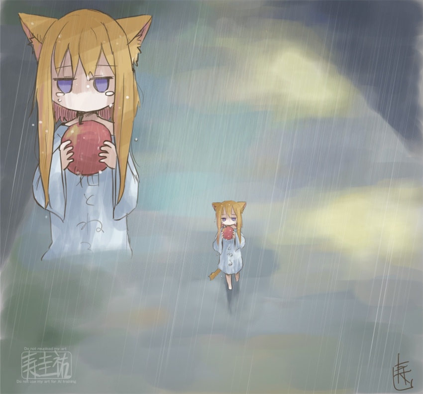1girl animal_ear_fluff animal_ears apple blonde_hair cat_ears cat_girl cat_tail child crying food fruit full_body holding holding_food holding_fruit kotobuki_keisuke no_mouth original oversized_clothes oversized_shirt purple_eyes rain shirt signature solo tail walking wet white_shirt