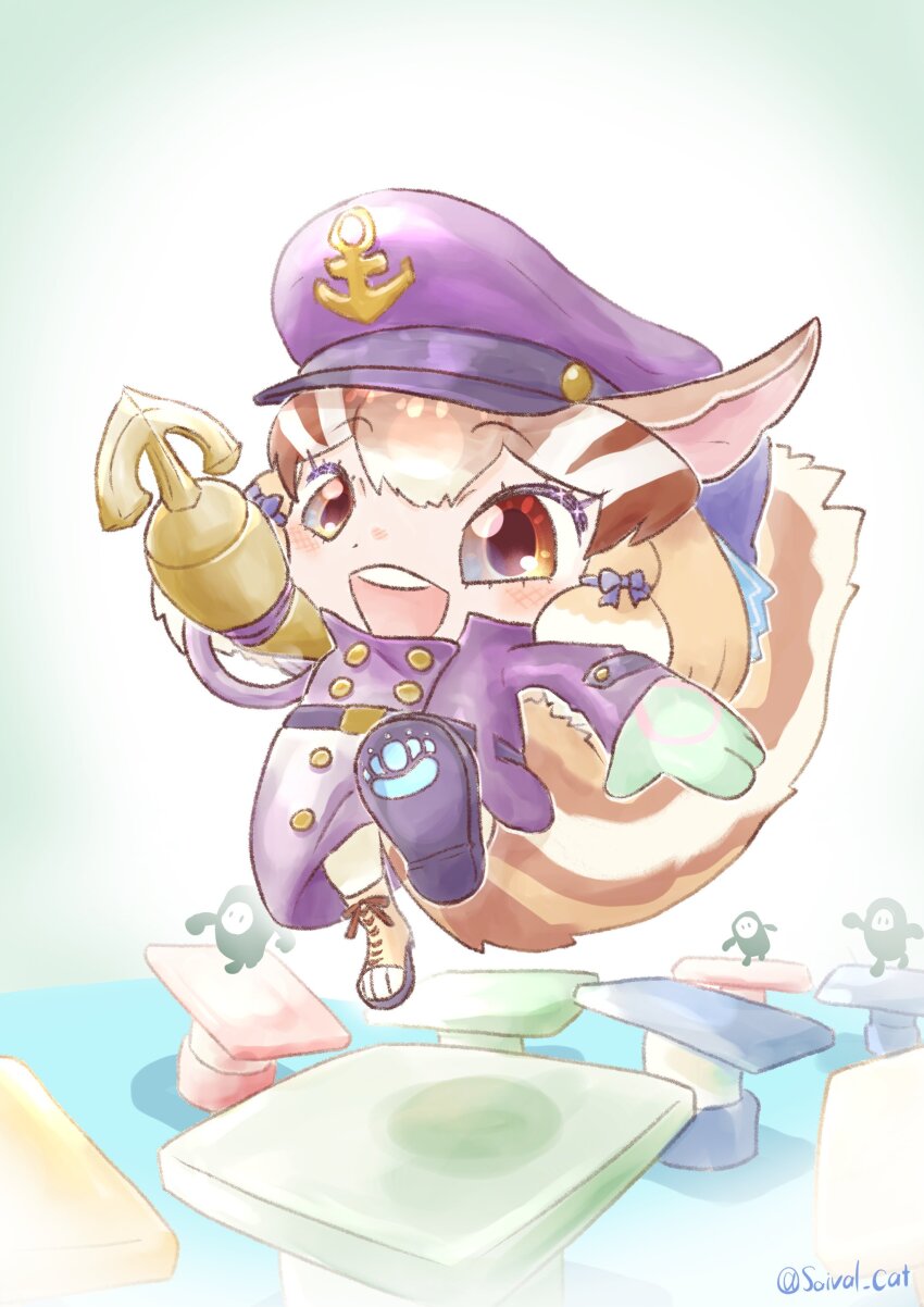 1girl absurdres animal_ears boots brown_eyes brown_hair chipmunk_ears chipmunk_girl chipmunk_tail cosplay extra_ears fall_guy fall_guy_(cosplay) fall_guys gloves hat highres jacket jumping kemono_friends kemono_friends_v_project ribbon saival_cat short_hair siberian_chipmunk_(kemono_friends) simple_background solo tail virtual_youtuber
