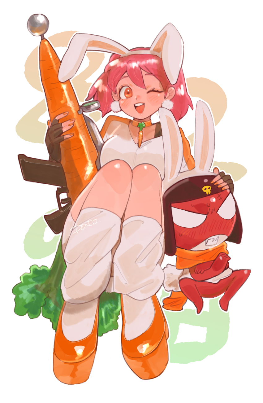 1boy 1girl absurdres animal_ears blush carrot choker clenched_teeth creature crossed_arms earrings fingerless_gloves food-themed_weapon frog giroro gloves gun hand_on_another&#039;s_head hat highres hinata_natsumi holding holding_gun holding_weapon huge_weapon ice_nomu jewelry keroro_gunsou loose_socks one_eye_closed open_mouth orange_choker orange_nails orange_scarf orange_shoes pink_hair platform_footwear platform_heels rabbit_ears rabbit_tail scar scar_across_eye scar_on_face scarf shirt shoes skull skull_print smile socks sweat tail teeth twintails upper_teeth_only v-neck weapon white_shirt