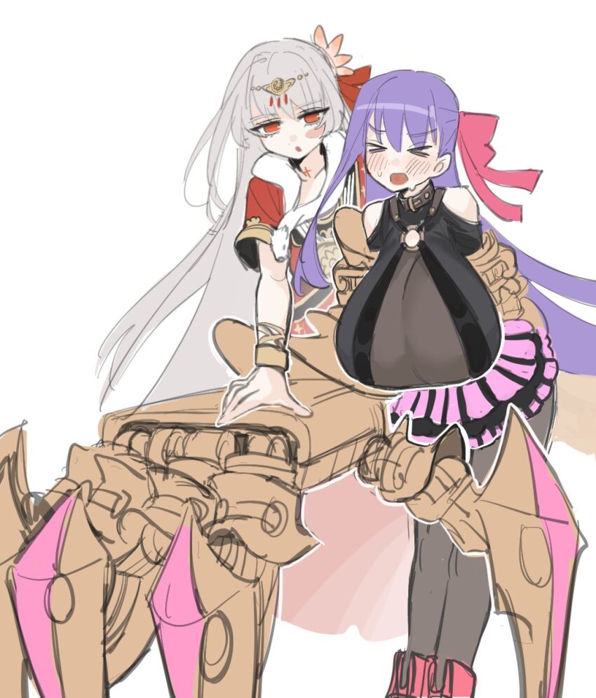2girls bare_shoulders belt_collar blush breasts claw_(weapon) claws cleavage collar dress durga_(fate) durga_(second_ascension)_(fate) earrings fate/extra fate/extra_ccc fate/grand_order fate_(series) hair_ornament hair_ribbon highres huge_breasts indian_clothes jewelry long_hair looking_at_viewer lotus_print multiple_girls o-ring o-ring_top open_mouth passionlip_(fate) pink_ribbon purple_hair red_dress red_eyes ribbon sari snake snake_wrapped_around_neck takustorage very_long_hair weapon