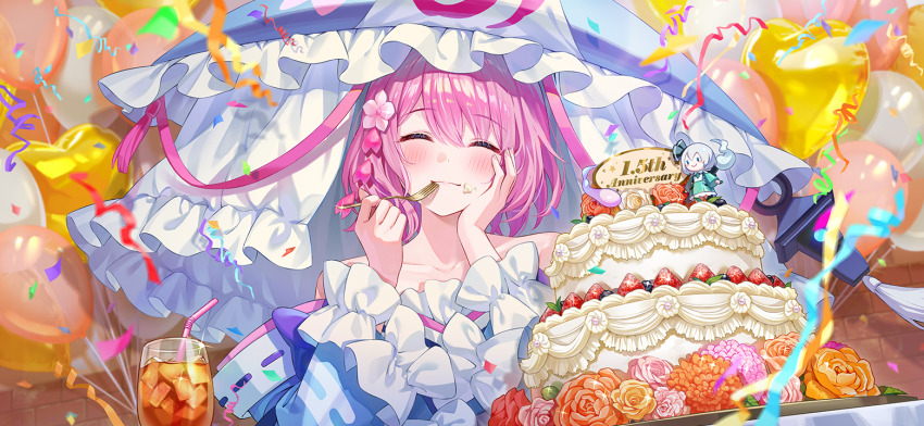 1girl adapted_costume anniversary balloon bare_shoulders blue_kimono blush cake closed_eyes closed_mouth collarbone commentary_request confetti cup drinking_glass drinking_straw facing_viewer flower food food_on_face fork frilled_kimono frilled_sleeves frills fruit game_cg hair_flower hair_ornament hand_on_own_cheek hand_on_own_face happy heart_balloon hitodama holding holding_fork japanese_clothes kimono konpaku_youmu konpaku_youmu_(ghost) long_sleeves medium_hair momomoi_momoi official_art oversized_hat pink_hair saigyouji_yuyuko solo strawberry third-party_source touhou touhou_gensou_eclipse triangular_headpiece