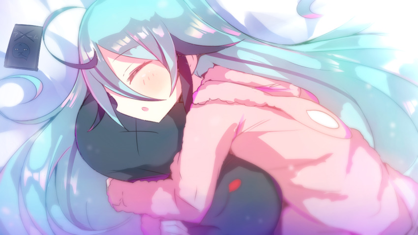 1girl :o ahoge aqua_hair bad_id bad_pixiv_id blush commentary closed_eyes from_side hair_between_eyes hug long_hair nijisanji nijisanji_kr open_mouth popoko_(pokopokosuisei) ryu_hari solo stuffed_toy upper_body virtual_youtuber