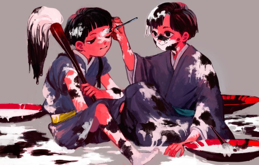 2boys animal_print black_eyes black_hair blue_kimono blunt_bangs colored_skin cow_print grey_background half-closed_eyes highres japanese_clothes kimono moon8_8sun multiple_boys one_eye_closed original paint paintbrush red_skin short_hair simple_background sitting socks white_footwear white_paint