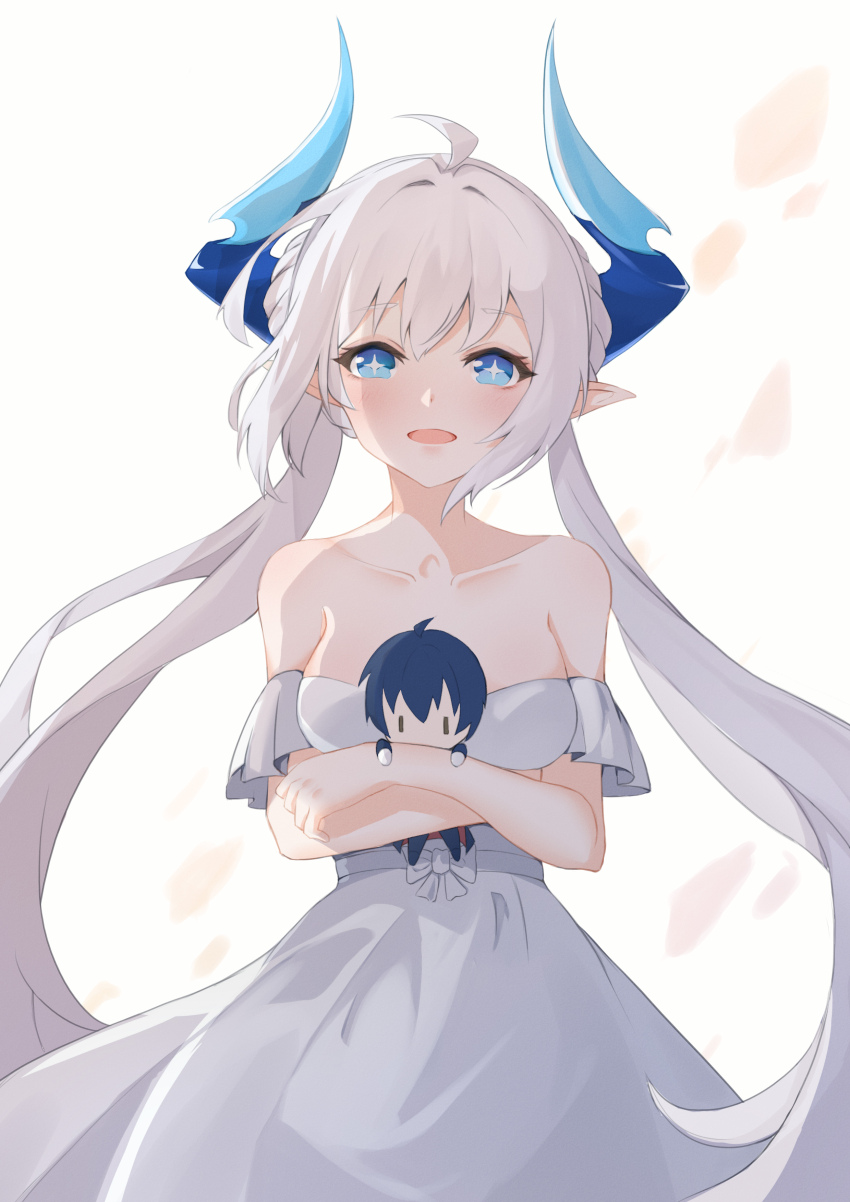 1girl absurdres ahoge bare_shoulders blue_eyes blue_horns character_doll ciel_(elsword) collarbone cowboy_shot cross-shaped_pupils demon_girl demon_horns doll dress elsword highres holding holding_doll horns long_hair looking_at_viewer luciela_r._sourcream open_mouth pointy_ears simple_background solo strapless strapless_dress symbol-shaped_pupils tbsic twintails very_long_hair white_dress white_hair