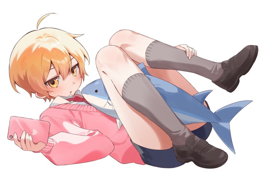 1boy ahoge black_shoes black_shorts blonde_hair cellphone grey_socks highres kneehighs loafers looking_at_viewer male_focus necktie nyaru_(ill_naru) original parted_lips phone pink_sweater red_necktie shirt shoes short_hair short_shorts shorts simple_background smartphone socks solo stuffed_toy sweater white_background white_shirt yellow_eyes zako_(vocaloid)