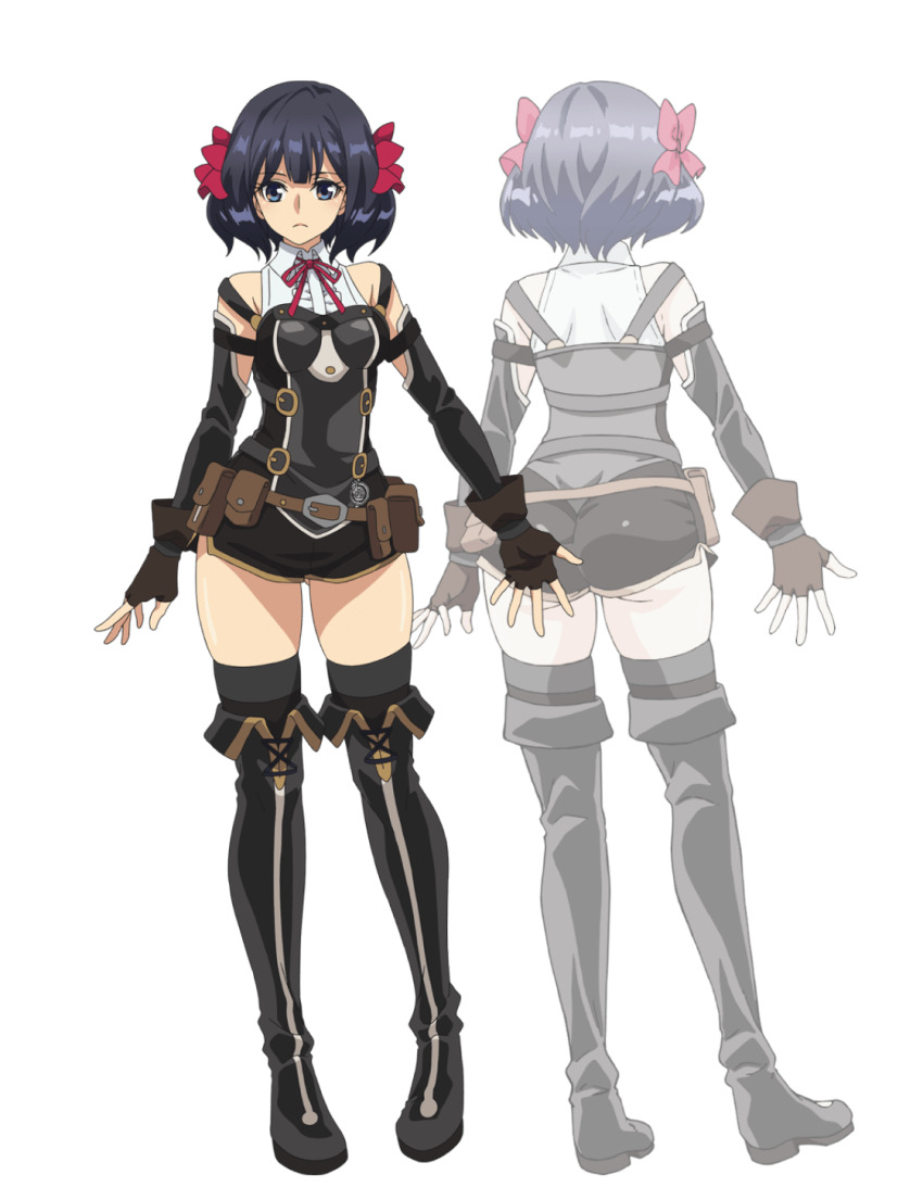 1girl arched_back ass black_hair black_romper blue_eyes blunt_bangs blush boots breasts brown_gloves center_frills reference_sheet cowboy_shot curvy double-parted_bangs fingerless_gloves frilled_shirt frills gloves highres looking_at_viewer medium_hair multiple_views nageki_no_bourei_wa_intaishitai neck_ribbon official_art parted_hair red_ribbon ribbon romper shiny_skin shirt skin_tight skindentation skirt sleeveless sleeveless_shirt strap_slip thigh_boots tino_shade transparent_background white_skirt wide_hips