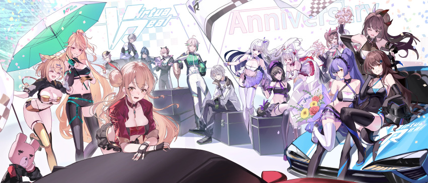 6+boys 6+girls :d ;o absurdres animal_ears anniversary asymmetrical_gloves asymmetrical_legwear aza_(virtuareal) azusa_(vtuber) bare_shoulders black_footwear black_gloves black_hair black_jacket black_pants black_skirt black_tube_top blonde_hair blue_eyes blue_hair boots bouquet box breasts brown_eyes car chiharu_(virtuareal) cleavage closed_eyes covered_navel crop_top crossed_legs dress eine_(virtuareal) elbow_gloves fins fish_tail flag flower foot_out_of_frame gloves grey_hair hair_bun han_(ozrfour) hat helmet high_heels highres holding holding_flag holding_helmet holding_pom_poms holding_umbrella jacket kero_(vtuber) kouichi_(virtuareal) leaning_forward leg_up leo_(virtuareal) long_hair looking_at_viewer miki_(virtuareal) miniskirt mismatched_legwear motor_vehicle multiple_boys multiple_girls nanami_(virtuareal) navel nijisanji nox_(vtuber) on_box on_car one_eye_closed open_mouth pants pencil_dress pom_pom_(cheerleading) pom_poms ponytail purple_hat race_queen race_vehicle racecar racing_suit red_jacket rhea_(virtuareal) shark_tail short_hair shorts single_side_bun sitting sitting_on_box skirt sleeveless sleeveless_dress smile standing standing_on_one_leg strapless sui_(virtuareal) susam_(virtuareal) tail thigh_boots tocci_(virtuareal) trophy tube_top twintails umbrella uneven_gloves unworn_headwear unworn_helmet very_long_hair virtual_youtuber virtuareal virtuareal_link white_background white_footwear white_hair white_jacket white_pants yellow_boots yellow_shorts yog_(virtuareal) yukie_(virtuareal)