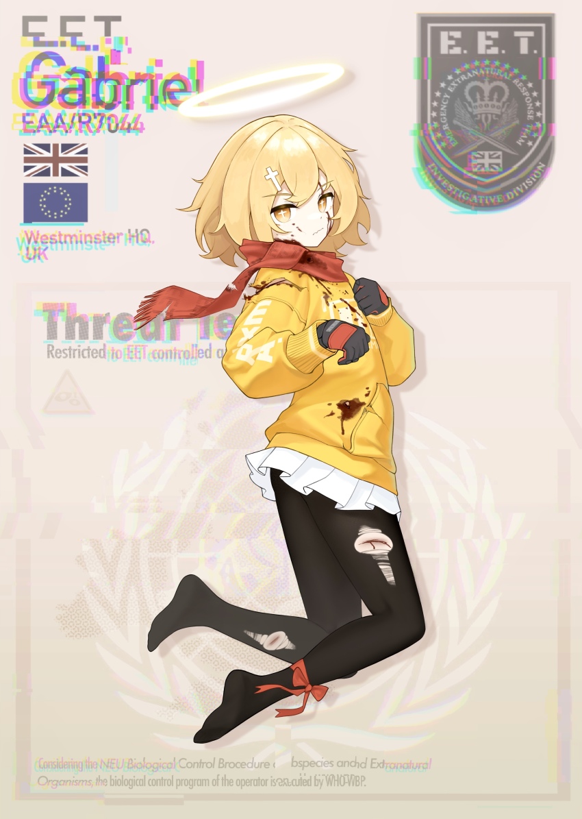 +_+ 1girl absurdres angel ankle_bow ankle_ribbon black_gloves black_pantyhose bleeding blood blood_on_face blood_on_leg bloody_tears bow closed_mouth clothes_writing commentary cross_hair_ornament curly_hair cuts emblem english_commentary english_text fang flag full_body gabriel_(jerry_wang) glitch gloves grey_background hair_ornament halo highres injury jerry_wang kneeling long_sleeves miniskirt original pantyhose pleated_skirt red_bow red_scarf ribbon scarf short_hair simple_background skirt solo sweater torn_clothes torn_pantyhose torn_scarf torn_sweater union_jack wavy_mouth white_skirt winter_clothes yellow_eyes yellow_halo yellow_sweater