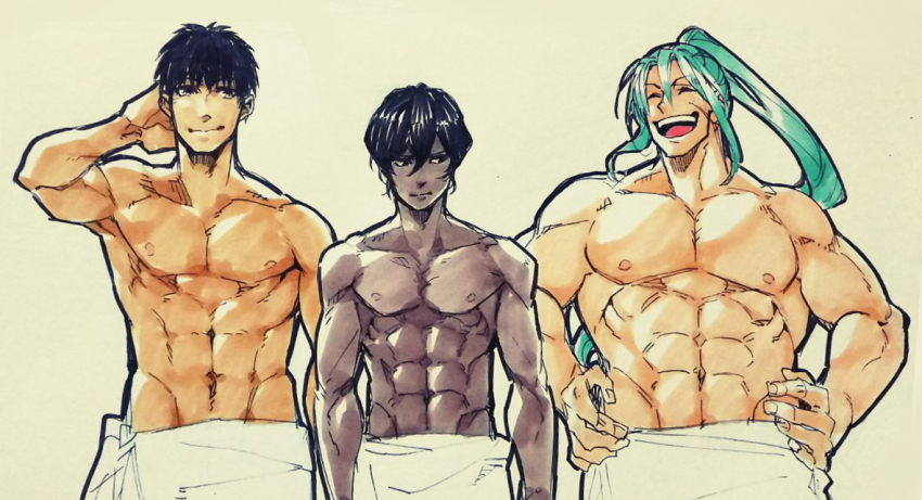 3boys abs arash_(fate) arjuna_(fate) bara black_hair dark_skin dark-skinned_male closed_eyes fate/grand_order fate_(series) green_hair hands_on_own_hips koryuu_(gackter10) large_pectorals long_hair male_focus multiple_boys muscular nipples open_mouth pectorals ponytail topless_male short_hair tawara_touta_(fate) toned toned_male