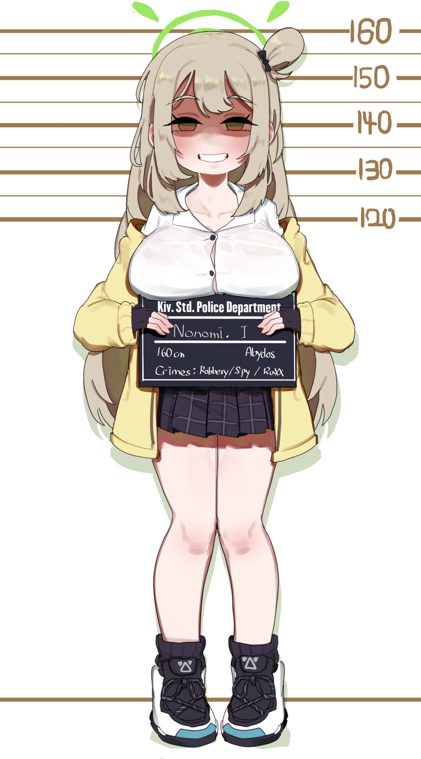 1girl absurdres black_gloves black_socks blue_archive breasts bursting_breasts commentary empty_eyes fingerless_gloves full_body gloves green_halo halo height_mark highres holding holding_sign jacket large_breasts light_brown_hair long_hair lulubelleiii miniskirt nonomi_(blue_archive) one_side_up placard plaid_clothes plaid_skirt shaded_face shirt shoes sign skirt sneakers socks solo very_long_hair white_shirt yellow_jacket