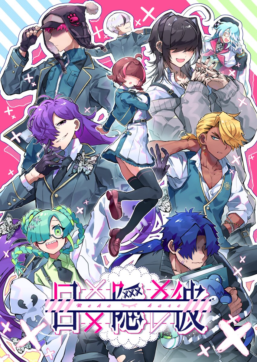 1girl 6+boys :d :o :| ^_^ absurdres ahoge aizawa_haru_(mekakare) androgynous animal_hands ankle_boots antenna_hair aqua_boots aqua_eyes aqua_hair aqua_jacket aqua_pants aqua_skirt aqua_vest arm_at_side arm_up azamuki_shigure barbell_piercing beard_stubble belt belt_buckle beret black-framed_eyewear black_belt black_coat black_eyes black_gloves black_hair black_hat black_jacket black_nails black_necktie black_pants black_pantyhose black_ribbon black_shorts black_thighhighs blazer blonde_hair blue_background blue_hair blue_jacket blue_pants blunt_bangs blush book boots bracelet braid braided_bun braided_ponytail breasts broken_heart_print brooch brown_hair brown_sash brown_shoes buckle butterfly_brooch butterfly_hair_ornament charm_snowel checkered_hat checkered_necktie chest_tattoo chullo clipboard closed_eyes closed_mouth coat collar_chain_(jewelry) collarbone collared_shirt colored_eyelashes copyright_name covered_eyes cowboy_shot curtained_hair dark-skinned_male dark_skin double_bun dress_shirt ear_piercing earrings empty_eyes expressionless eyeshadow eyeshadow_under_eye facial_hair facing_viewer fangs feet_out_of_frame finger_tattoo fingerless_gloves fish_skeleton_hair_ornament foot_out_of_frame forked_eyebrows from_behind from_side fuji_den_fujiko full_body ghost_pose glasses gloved_sleeves gloves green_background green_boots green_eyes green_hair green_shirt grey_hair grey_shirt grey_shoes grey_sweater grin hair_behind_ear hair_bun hair_intakes hair_ornament hair_over_eyes hair_over_one_eye hair_over_shoulder half-closed_eyes half_gloves hanare_shimaki hand_in_pocket hand_on_headwear hand_on_own_chest hand_on_own_chin hand_on_own_hip hand_on_own_neck hand_tattoo hand_up hands_up hat hat_bell highres holding holding_book holding_clipboard holding_stuffed_toy honeycomb_earrings hood hood_down hooded_coat hugging_object interlocked_fingers irogae_mizore jacket jacket_on_shoulders jewelry kubari_donzaburo lab_coat lace-up_boots lapel_pin lapels large_breasts layered_skirt leaning_forward light_blush loafers long_coat long_hair long_sleeves looking_at_viewer looking_back looking_to_the_side low_ponytail makeup medium_hair mekakare miniskirt mole mole_on_collarbone monocle multicolored_boots multicolored_hair multiple_boys nail_polish neck_piercing neck_ribbon necktie nervous notched_lapels off-shoulder_sweater off_shoulder official_art one_eye_covered open_clothes open_coat open_collar open_hand open_jacket open_mouth outline outstretched_arm own_hands_together pankou pants pants_rolled_up pantyhose parted_bangs parted_lips paw_gloves paw_print pectoral_cleavage pectorals petite piercing pigeon-toed pink_background pink_hair pink_jacket pleated_skirt polo_shirt pom_pom_hat_ornament ponytail popped_collar profile promotional_art purple_eyeshadow purple_hair ribbon saejima_raime sanpaku school_uniform semi-rimless_eyewear shaded_face sharp_teeth shirt shirt_tucked_in shoe_soles shoes short_bangs short_hair short_necktie short_ponytail short_shorts shorts side_part sidelocks sideways_glance single_earring single_off_shoulder skirt sleeves_rolled_up slouching smile smirk sparkle spike_piercing standing standing_on_one_leg streaked_hair striped_background strongman_waist stubble stuffed_animal stuffed_toy suspenders sweatdrop sweater tattoo teddy_bear teeth thick_eyebrows thighhighs torn_clothes torn_coat torn_pantyhose track_jacket tsumuribe_kiriwo tsurime turtleneck turtleneck_shirt two-sided_fabric two-sided_jacket two-tone_boots two-tone_hair under-rim_eyewear untucked_shirt upper_body utagai_nijisuke v v-shaped_eyebrows very_long_hair vest wavy_mouth white_coat white_gloves white_hair white_jacket white_necktie white_outline white_shirt white_skirt wrinkled_skin wristband yellow_lips zipper