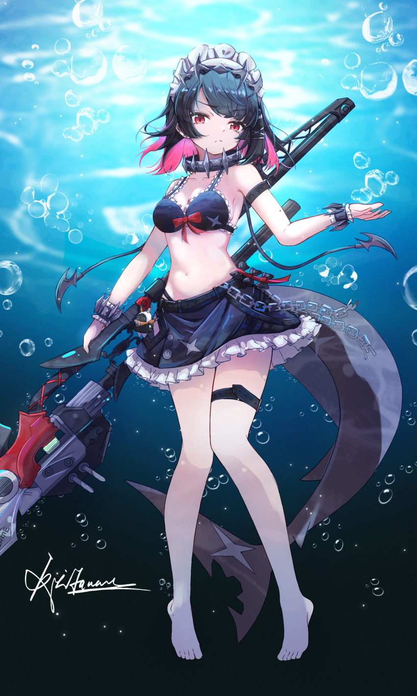 1girl absurdres bangboo_(zenless_zone_zero) black_bra black_hair black_skirt bra breasts choker closed_mouth colored_inner_hair ellen_joe eous_(zenless_zone_zero) fins fish_tail full_body highres holding holding_weapon looking_at_viewer maid_headdress medium_breasts miniskirt mole mole_under_eye multicolored_hair navel neet_(jdud2284) razor_blade_hair_ornament red_eyes shark_girl shark_tail skirt tail thigh_strap underwater underwear weapon zenless_zone_zero