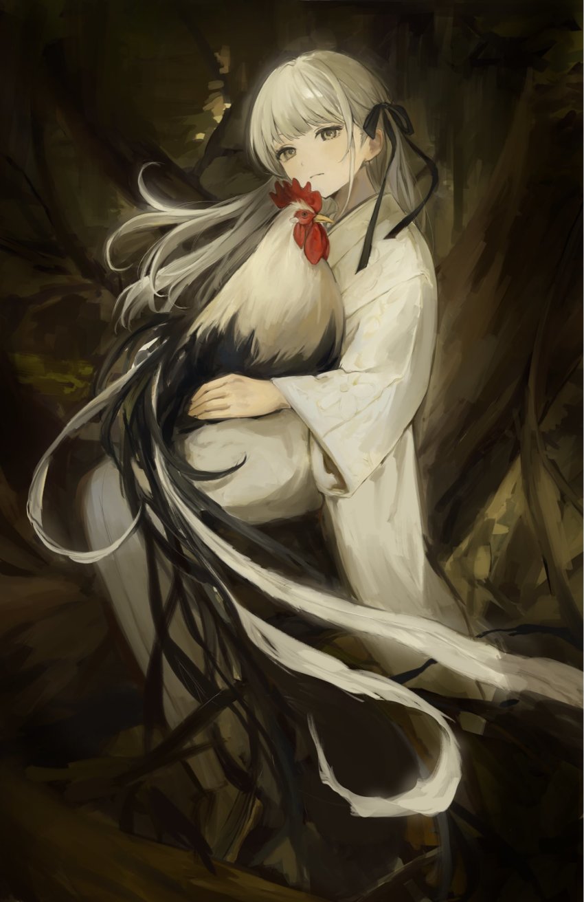1girl animal animal_on_lap bad_id bad_twitter_id bird bird_on_lap black_ribbon brown_background brown_eyes chicken expressionless funabashi_(iwzry) grey_hair hair_ribbon highres in_tree long_hair looking_at_viewer on_lap original outdoors ribbon rooster sitting solo tree wide_sleeves
