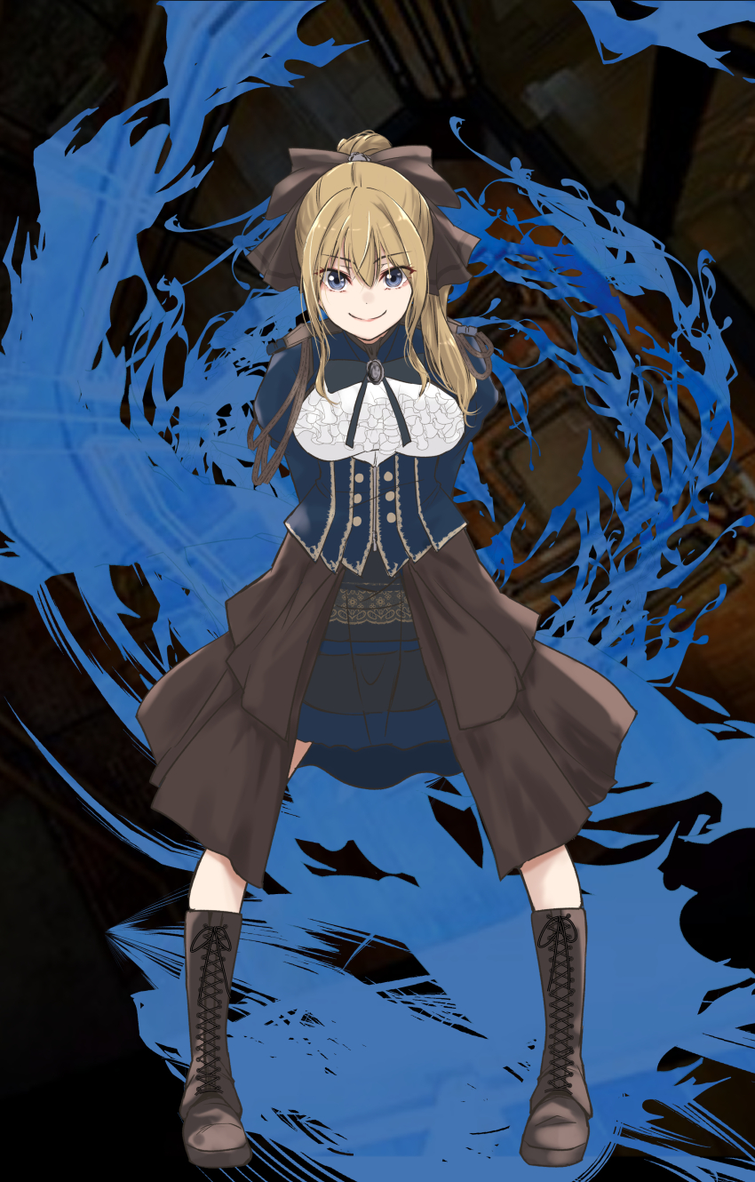 &gt;:) 1girl absurdres arms_behind_back atreyu_(tsukiyo_joou_ni_warae) black_background black_bow black_bowtie black_brooch black_skirt blonde_hair blue_background blue_eyes blue_jacket blue_skirt blurry blurry_background boots bow bowtie breasts brooch brown_bow brown_skirt closed_mouth commentary_request frilled_shirt frills full_body hair_bow hair_over_shoulder high_ponytail highres jacket jewelry juliet_sleeves knee_boots lace-up_boots legs_apart long_hair long_sleeves looking_at_viewer medium_breasts overskirt ponytail puffy_sleeves shirt sidelocks skirt smile solo standing tsukiyo_joou_ni_warae two-tone_skirt urutsu_sahari v-shaped_eyebrows white_shirt