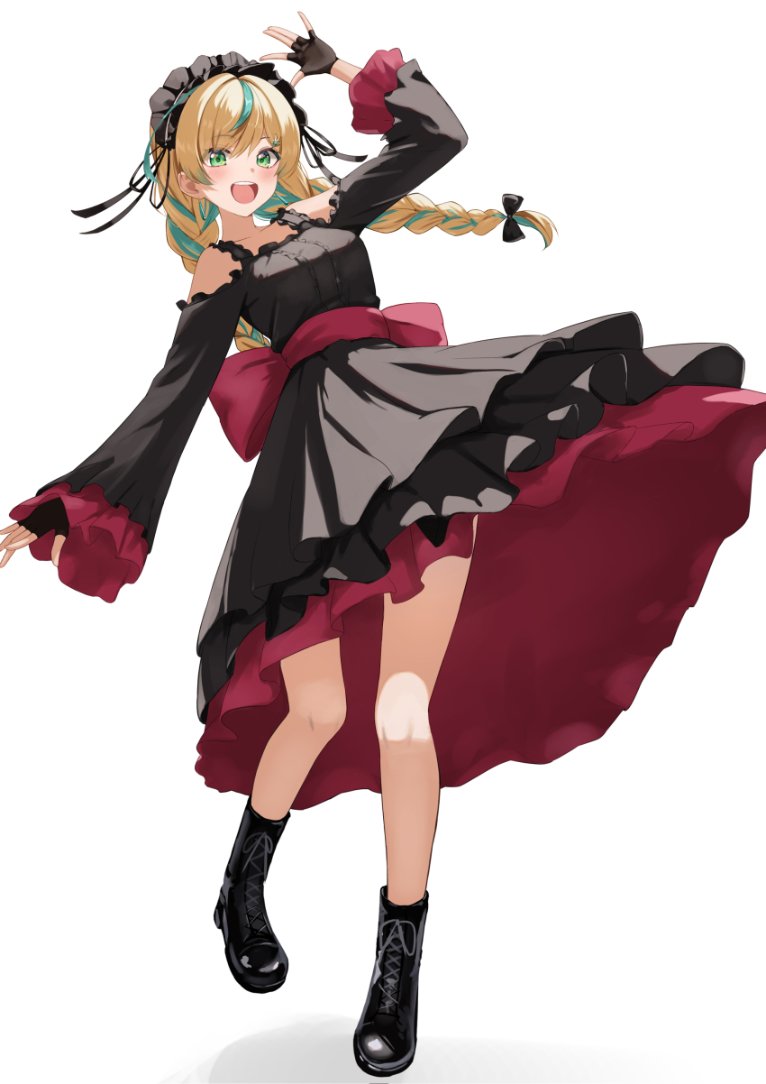 1girl absurdres aqua_hair black_dress blonde_hair bonnet boots braid dress fingerless_gloves frilled_bonnet frills full_body gloves highres multicolored_hair nijisanji open_mouth streaked_hair tachitsute_toto takechi49 twin_braids virtual_youtuber white_background