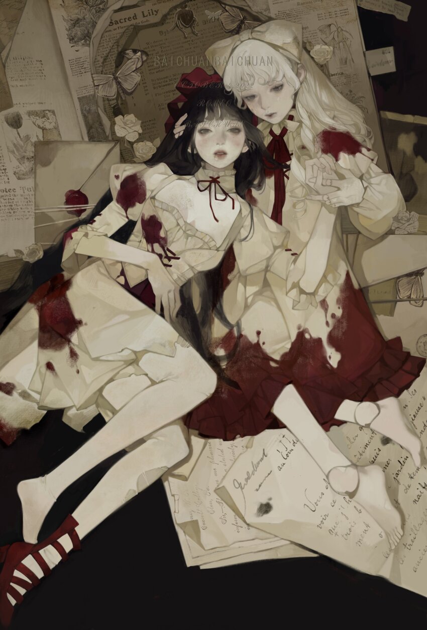 2girls absurdres barefoot black_hair blood blood_on_clothes bow bug butterfly corset detached_collar doll_joints dress envelope flower grey_eyes hair_bow hands_on_another&#039;s_head high_heels highres holding_hands insect iotaectoplasm joints juliet_sleeves letter limited_palette lips long_hair long_sleeves looking_at_viewer looking_down lying multiple_girls neck_ribbon on_side original pantyhose paper parted_lips puffy_sleeves ribbon ringlets rose shoes single_shoe torn_clothes torn_pantyhose wavy_hair wax_seal white_corset white_dress white_hair white_pantyhose