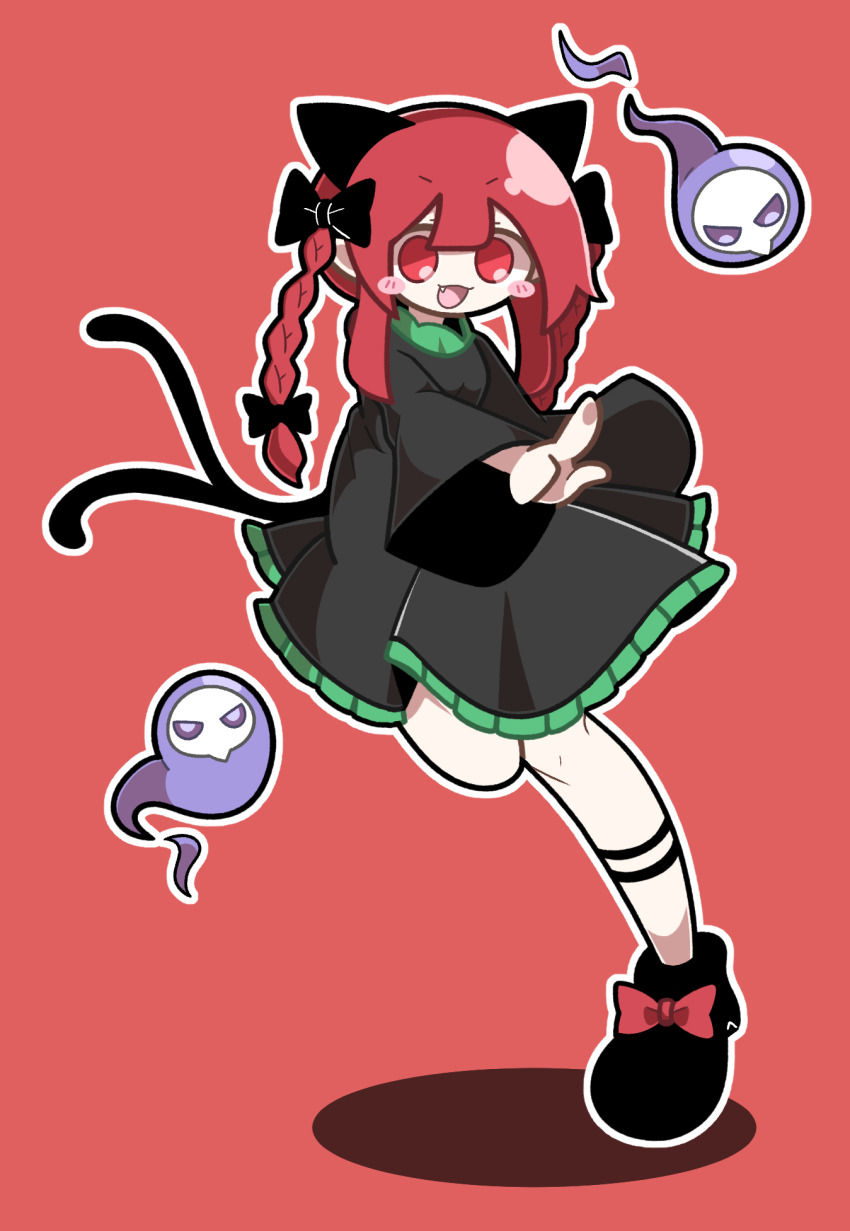 1girl animal_ears baek_ban black_bow black_dress black_shoes blush_stickers bow cat_ears cat_girl cat_tail dress fang hair_between_eyes hair_bow highres kaenbyou_rin leg_up long_sleeves multiple_tails open_mouth red_background red_eyes red_hair shoes sidelocks simple_background smile solo tail touhou twintails two_tails wide_sleeves
