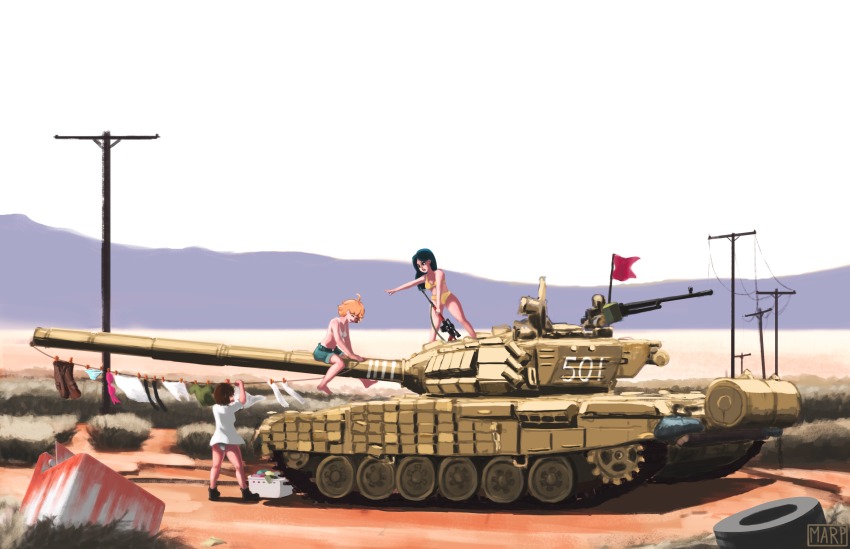 3girls absurdres bra day evening flag gun highres machine_gun marpaparp military military_vehicle motor_vehicle multiple_girls original panties rifle sky sniper_rifle t-72 tank tree underwear washing_machine weapon