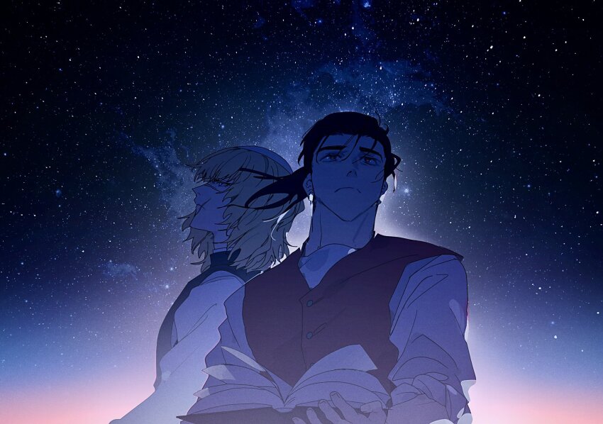 2boys backlighting badeni black_hair blonde_hair book brown_vest buttons chi.:_chikyuu_no_undou_ni_tsuite dark eyepatch hair_pulled_back highres holding holding_book multiple_boys night night_sky oczy ponytail scapular scar scar_on_face scar_on_lip scar_on_mouth scar_on_nose shirt sky sleeves_rolled_up star_(sky) starry_sky tonsure vest white_shirt zero_(jckz2334)