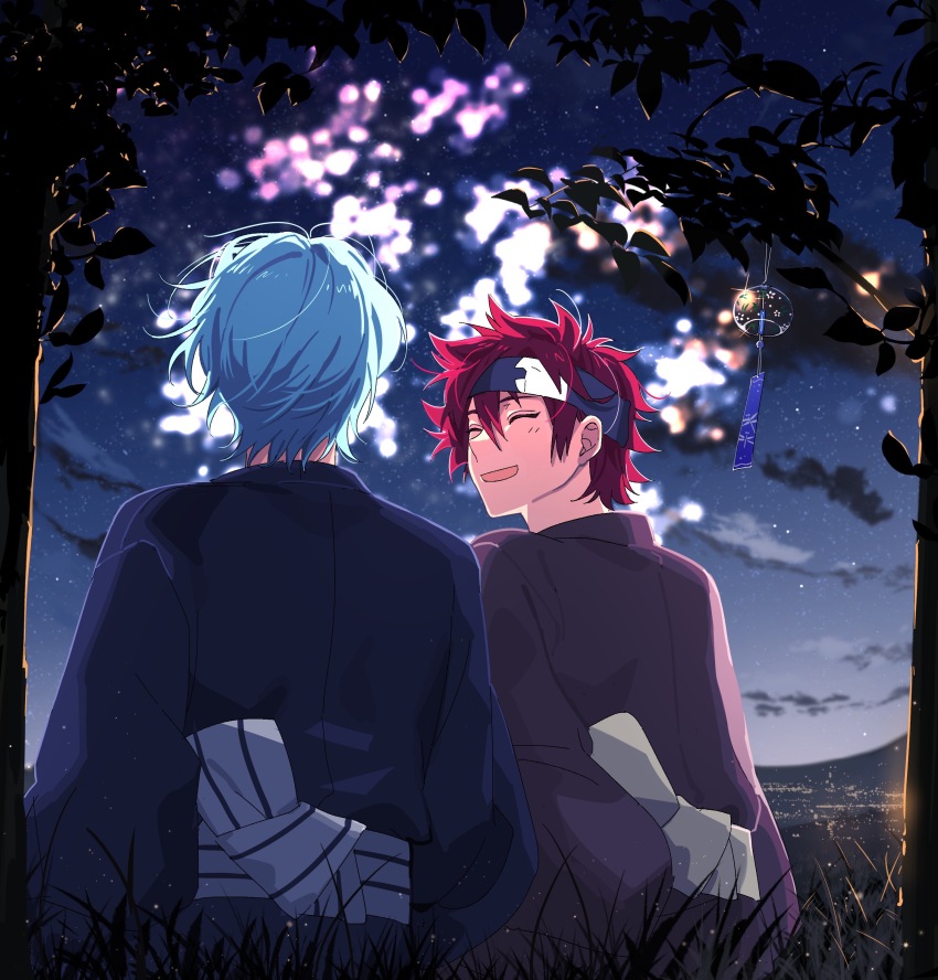 2boys absurdres bandana blue_hair blue_headband blue_kimono chinese_commentary closed_eyes cloud fireworks grass hasegawa_langa headband highres japanese_clothes kayu_(yukagoin) kimono kyan_reki leaf male_focus messy_hair multiple_boys night night_sky obi open_mouth outdoors purple_kimono red_hair sash short_hair sitting sk8_the_infinity sky smile star_(sky) starry_sky summer_festival tree wind_chime yaoi yukata