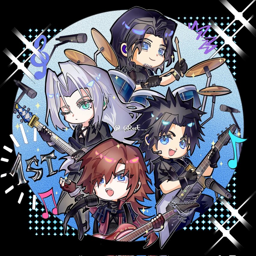 4boys angeal_hewley band_(music) belt black_belt black_coat black_facial_hair black_gloves black_hair black_jacket black_sweater blue_eyes bracer brown_hair buster_sword chest_strap chibi coat crisis_core_final_fantasy_vii dirge_of_cerberus_final_fantasy_vii drum drum_set drumsticks earpiece electric_guitar facial_hair fang final_fantasy final_fantasy_vii fingerless_gloves genesis_rhapsodos gloves green_eyes grey_hair grose guitar hair_intakes hand_up hands_up happy highres holding holding_drumsticks holding_guitar holding_instrument instrument jacket leather leather_jacket long_hair long_sleeves looking_at_viewer male_focus medium_hair microphone multiple_boys music one_eye_closed open_mouth parted_bangs playing_guitar playing_instrument red_coat red_gloves sephiroth short_sleeves singing sleeveless sleeveless_sweater sleeveless_turtleneck slit_pupils smile sparkle spiked_hair suspenders sweater time_paradox turtleneck turtleneck_sweater twitter_username upper_body zack_fair