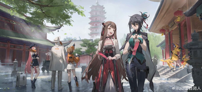1other 5girls :d :o absurdres architecture black_footwear black_gloves black_hairband black_hat black_jacket black_jumpsuit black_pants brick_floor brown_hair chinese_commentary coat coat_on_shoulders commentary_request crossed_arms day dress east_asian_architecture facing_away fingerless_gloves flip-flops ganlin_(xinyue_tongxing) gloves green_shirt group_leader_(xinyue_tongxing) hair_between_eyes hair_bun hairband hand_up hat highres holding holding_paper hood hood_up incense_burner index_finger_raised jacket jacket_on_shoulders jumpsuit lantern long_hair longjing_(xinyue_tongxing) looking_at_another looking_up mingshuang_(xinyue_tongxing) multiple_girls open_mouth orange_jacket outdoors pagoda pants paper paper_lantern pink_hair pointing pointing_up pouch qianqiu_(xinyue_tongxing) raincoat red_dress rolling_suitcase sandals scenery shirt shixi_(xinyue_tongxing) short_hair short_jumpsuit skirt sleeves_past_fingers sleeves_past_wrists smile stairs standing standing_on_one_leg strapless_jumpsuit suitcase teeth temple thigh_pouch tree upper_teeth_only very_long_hair walking watermark weibo_watermark white_coat white_hat white_jacket white_pants white_skirt wide_shot xinyue_tongxing yellow_eyes yellow_raincoat zizizi_zibiren