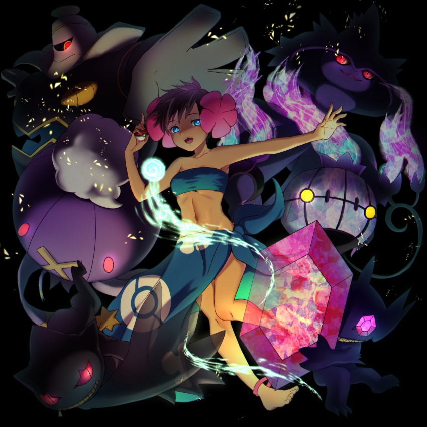 1girl anklet banette bare_shoulders blue_eyes blue_sarong breasts brown_hair chandelure collarbone drifblim dusknoir eyelashes full_body gen_3_pokemon gen_4_pokemon gen_5_pokemon highres holding holding_poke_ball jewelry looking_at_viewer mega_pokemon mega_sableye midriff mismagius mokorei navel nintendo open_mouth outstretched_arm phoebe_(pokemon) poke_ball poke_ball_(basic) pokemon pokemon_(creature) pokemon_oras sableye sarong short_hair tan underboob yellow_eyes