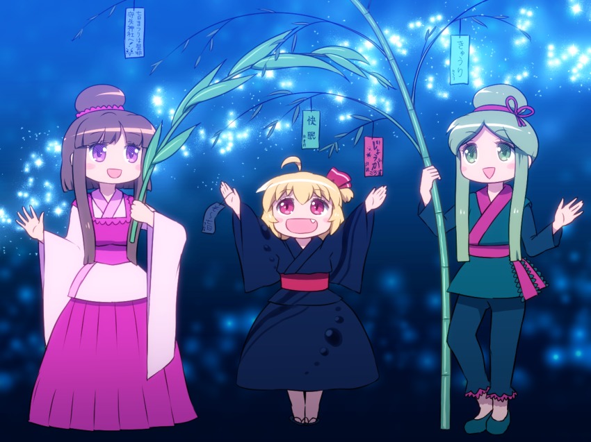 3girls :d ahoge arms_up bamboo blonde_hair blush_stickers brown_hair commentary cosplay fang green_eyes green_hair hair_bun hair_ribbon hikoboshi hikoboshi_(cosplay) japanese_clothes multiple_girls myouga_(plant) nishida_satono open_mouth orihime_(cosplay) orihime_(tanabata) purple_eyes red_eyes ribbon rumia shirosato short_hair short_hair_with_long_locks single_hair_bun smile tanabata tanzaku teireida_mai touhou translation_request triangle_mouth wide_sleeves