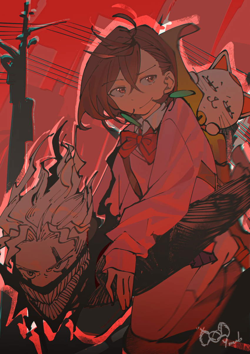 1boy 2girls :3 absurdres ayase_momo backpack bag black_jacket bow bowtie brown_eyes brown_hair carrying cat closed_mouth collared_shirt dandadan earrings facial_mark gakuran glasses hair_between_eyes hashtag-only_commentary highres jacket jewelry looking_at_viewer mask miniskirt mouth_mask multiple_girls outdoors piggyback pink_sweater pleated_skirt red_bow red_bowtie red_sky round_eyewear school_uniform shirt short_hair signature skirt sky sleeves_past_wrists smile socks sweater takakura_ken_(dandadan) takakura_ken_(transformed)_(dandadan) transformation turbo_granny_(dandadan) white_hair white_shirt white_socks yonab
