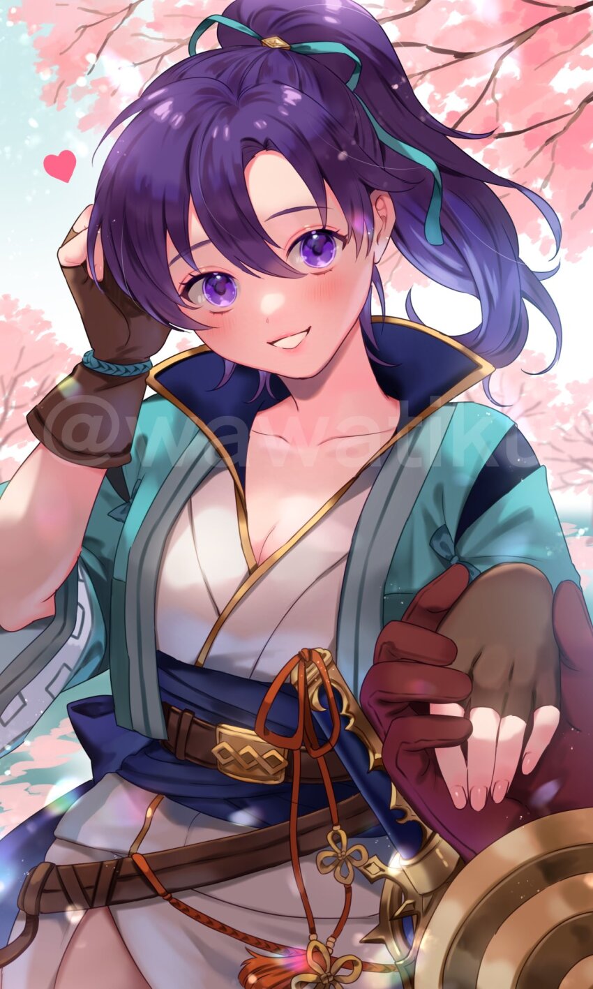1girl 1other aqua_ribbon breasts brown_gloves cleavage fingerless_gloves fir_(fire_emblem) fir_(swordmaiden)_(fire_emblem) fire_emblem fire_emblem:_the_binding_blade fire_emblem_heroes gloves grabbing_another&#039;s_hand hair_ribbon highres kiran_(fire_emblem) looking_at_viewer nintendo official_alternate_costume parted_lips ponytail purple_eyes purple_hair ribbon sheath small_breasts smile solo sword teeth wawatiku weapon