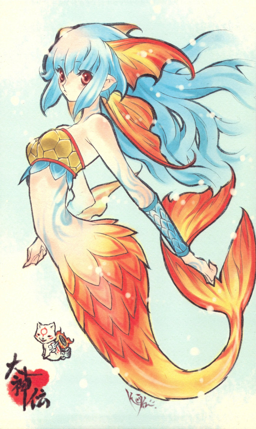 1girl bare_shoulders blue_hair chibi chibiterasu fins head_fins highres ito_noizi long_hair mermaid monster_girl nanami_(ookami) ookami_(game) ookamiden red_eyes scan