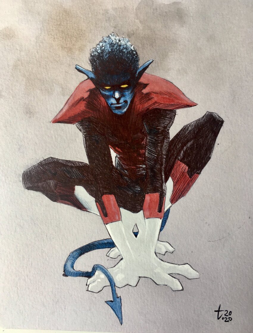 1boy black_bodysuit blue_skin bodysuit boots colored_skin demon_tail gloves grey_background highres looking_at_viewer marvel nightcrawler pointy_ears red_bodysuit short_hair solid_eyes solo squatting tail tirso_cons two-tone_bodysuit white_boots white_gloves x-men yellow_eyes