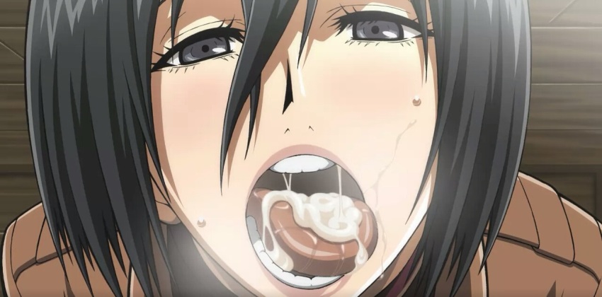 1girl black_eyes black_hair blush cum cum_in_mouth cum_on_tongue female_focus hair_between_eyes half-closed_eyes looking_at_viewer matching_hair/eyes mikasa_ackerman open_mouth paradis_military_uniform saliva saliva_trail shingeki_no_kyojin short_hair solo sweatdrop takapiko teeth tongue tongue_out