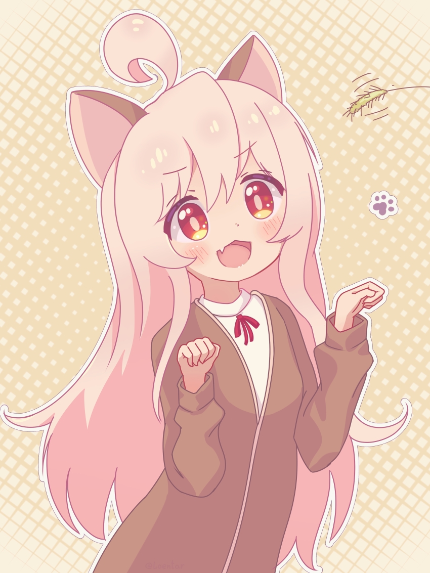 1girl :d absurdres animal_ears blonde_hair bright_pupils brown_robe cat cat_ears cat_girl cat_teaser fang gradient_eyes hair_between_eyes highres light_blush loentar long_sleeves multicolored_eyes neck_ribbon onii-chan_wa_oshimai! open_mouth oyama_mahiro paw_pose paw_print polka_dot polka_dot_background red_eyes red_ribbon ribbon robe shirt sidelocks simple_background skin_fang smile solo tareme upper_body white_shirt yellow_background