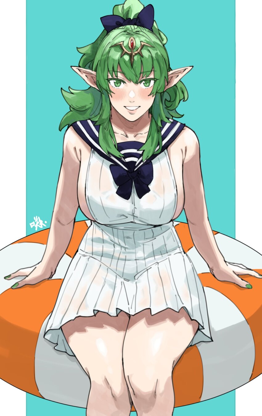 1girl blue_bow blue_sailor_collar blush bow breasts dress fire_emblem fire_emblem_awakening green_eyes green_hair green_nails hair_bow hair_ornament highres large_breasts long_hair looking_at_viewer nintendo pointy_ears ponytail ribbon sailor sailor_collar sailor_dress sakuremi sideboob smile solo tiki_(adult)_(fire_emblem) tiki_(fire_emblem) white_dress
