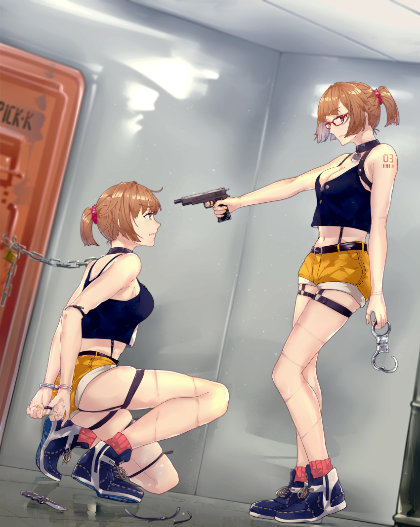 2girls absurdres arms_behind_back at_gunpoint barcode barcode_tattoo bare_legs blue_footwear bound breasts chain chained clone collar commentary_request cuffs dagger door full_body girls&#039;_frontline glasses grizzly_mkv_(girls&#039;_frontline) grizzly_mkv_(weekend_cop)_(girls&#039;_frontline) gun hair_ornament hair_scrunchie handcuffs highres holding holding_gun holding_handcuffs holding_weapon indoors injury knife l.a.r._manufacturing lar_grizzly_win_mag lock medium_breasts multiple_girls nail_polish navel number_tattoo official_alternate_costume on_one_knee padlock parted_bangs peril pick&#039;k ponytail purple_eyes red-framed_eyewear reflection scrunchie second-party_source short_hair short_ponytail short_shorts shorts skindentation standing tank_top tattoo thigh_strap tied_up v-shaped_eyebrows weapon yellow_nails yellow_shorts