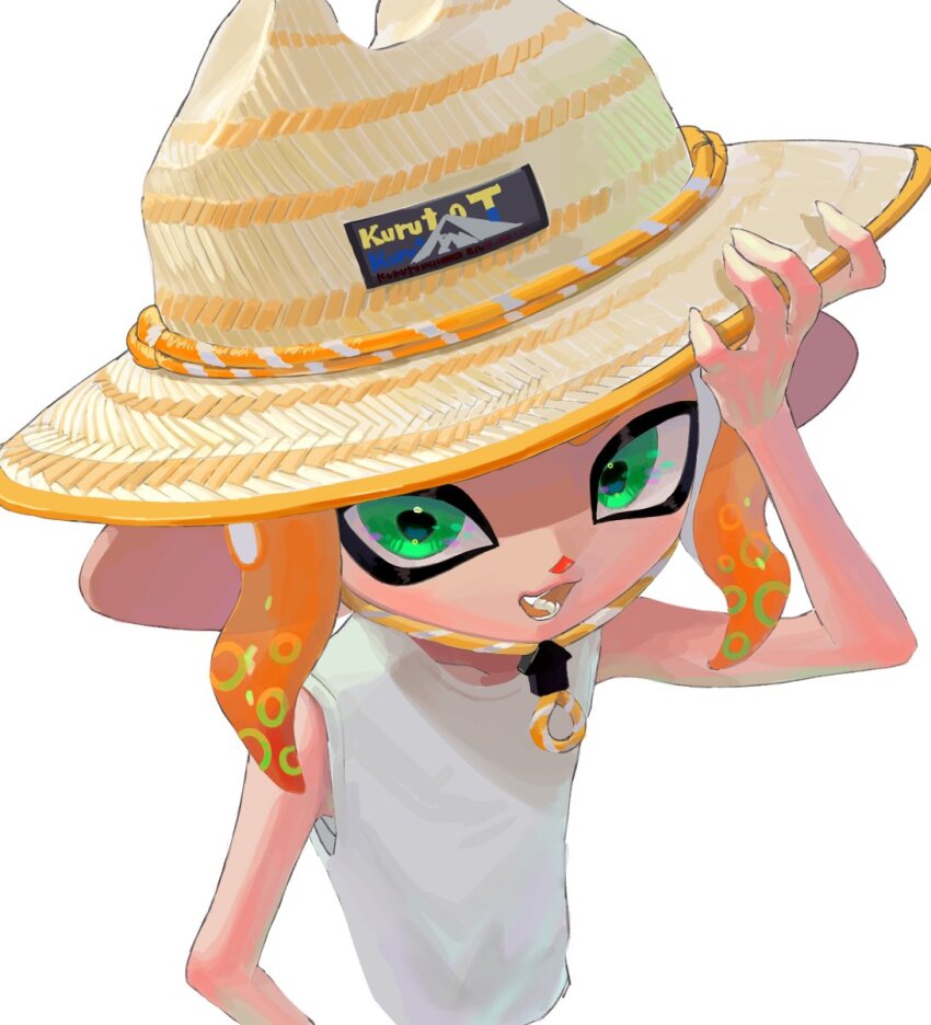 1boy :3 :d adjusting_clothes adjusting_headwear androgynous arm_at_side chin_strap cropped_legs from_above green_eyes hat highres kurutot1 male_focus nintendo octoling_boy octoling_player_character open_mouth pointy_ears shirt sideways_glance simple_background sleeveless sleeveless_shirt smile solo splatoon_(series) straw_hat teeth tongue triangle_nose upper_body white_background white_shirt yellow_hat