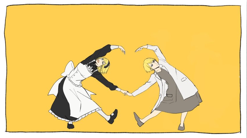 1boy 1girl behemo_barisol blonde_hair brother_and_sister coat evillious_nendaiki heart_arms heart_arms_duo highres kagamine_len kagamine_rin levia_barisol maid short_hair siblings vocaloid warabi_(danngo-mitarasi) yellow_background