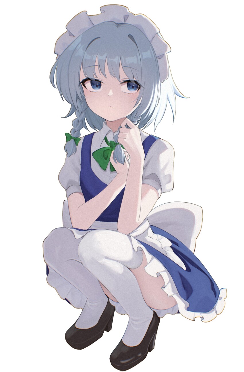 1girl apron back_bow black_shoes blue_eyes bow braid breasts closed_mouth collared_shirt dot_nose full_body green_bow grey_hair hair_bow highres izayoi_sakuya large_bow maid maid_apron maid_headdress multiple_hair_bows oeyama ribbon shirt shoes short_hair short_sleeves simple_background small_breasts squatting thighhighs touhou twin_braids waist_apron white_background white_thighhighs